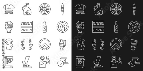 Set line Ancient chariot, amphorae, Greek coin, Old wooden wheel, pattern, Body armor and Bottle of wine icon. Vector