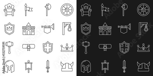 Set line Viking in horned helmet, King crown, Gallows, Medieval axe, Castle, fortress, Shield with, throne and Trumpet flag icon. Vector