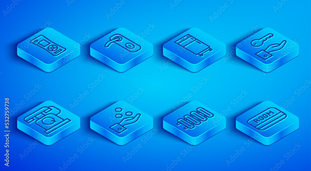 Fototapeta premium Set line Remote control, Door handle, Refrigerator, Paying tips, Heating radiator, Hotel door lock key, Telephone handset and card icon. Vector