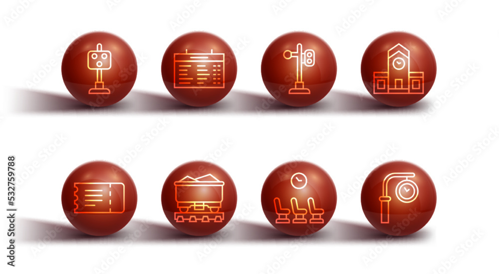 Set line Train traffic light, ticket, Railway station, Waiting room, Coal train wagon, board, clock and icon. Vector Set line Train traffic light, ticket, Railway station, Waiting room, Coal train wagon, board, clock and icon. Vector