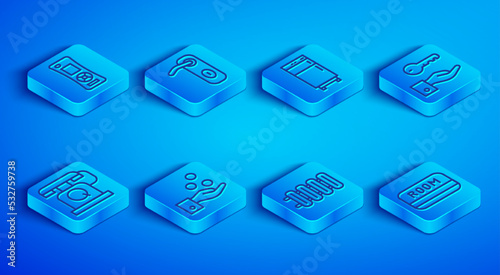 Set line Remote control, Door handle, Refrigerator, Paying tips, Heating radiator, Hotel door lock key, Telephone handset and card icon. Vector