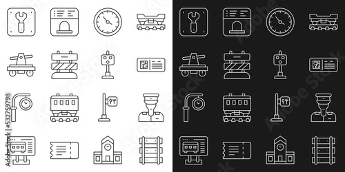 Set line Railway, railroad track, Train conductor, QR code ticket train, station clock, End of railway tracks, Draisine handcar, Repair and traffic light icon. Vector