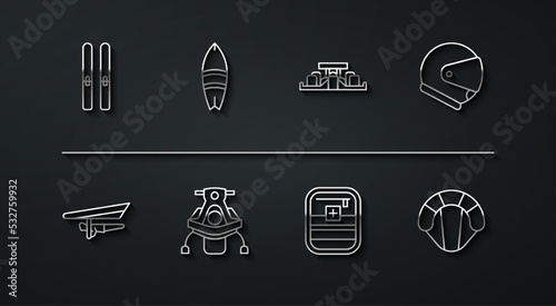 Set line Ski and sticks, Hang glider, Helmet, First aid kit, Snowmobile, Surfboard, Parachute and Formula 1 racing car icon. Vector