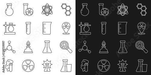 Set line Test tube and flask, Microorganisms under magnifier, Radioactive in location, Atom, stand, and Laboratory glassware beaker icon. Vector