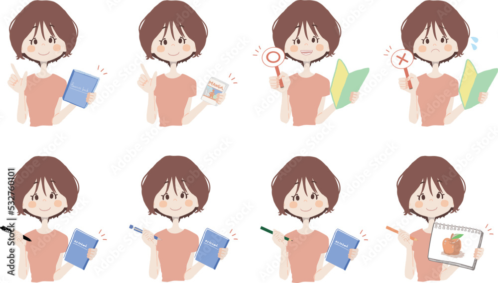 【本、漫画、マルバツ、絵を持っている女の子】表情とポーズのバリエーションセット