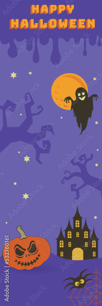 Happy Halloween background with black pumpkin and tree with moon illustration on gray background