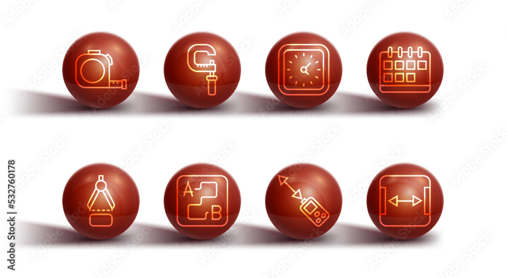 Set line Roulette construction, Drawing compass, Calendar, Laser distance measurer, Route location, Micrometer, Area measurement and Clock icon. Vector Set line Roulette construction, Drawing compass, Calendar, Laser distance measurer, Route location, Micrometer, Area measurement and Clock icon. Vector