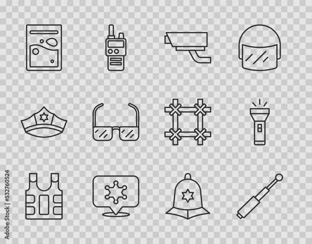 Set line Bulletproof vest, Telescopic baton, Security camera, Hexagram sheriff, Plastic bag drug, Safety goggle glasses, British police helmet and Flashlight icon. Vector Set line Bulletproof vest, Telescopic baton, Security camera, Hexagram sheriff, Plastic bag drug, Safety goggle glasses, British police helmet and Flashlight icon. Vector