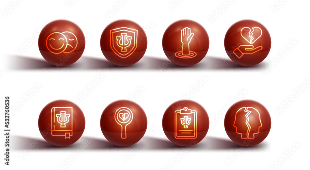 Set line Comedy and tragedy masks, Psychology book, Psi, Broken heart or divorce, Psychology,, Bipolar disorder and Helping hand icon. Vector Set line Comedy and tragedy masks, Psychology book, Psi, Broken heart or divorce, Psychology,, Bipolar disorder and Helping hand icon. Vector
