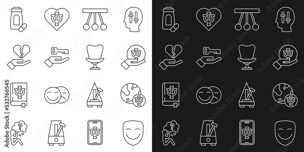 Set line Comedy theatrical mask, Psychology, Psi, Pendulum, Solution to problem, Broken heart or divorce, Sedative pills and Armchair icon. Vector