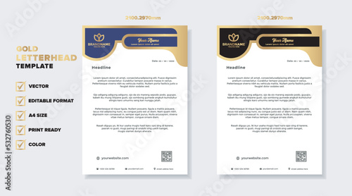 golden letterhead template for business company stationery design with A4 sheet vector format and editable layout in luxury color