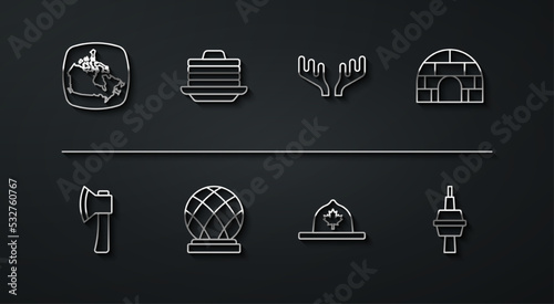 Set line Canada map, Wooden axe, Igloo ice house, Canadian ranger hat, Montreal Biosphere, Stack of pancakes, TV CN Tower in Toronto and Deer antlers icon. Vector