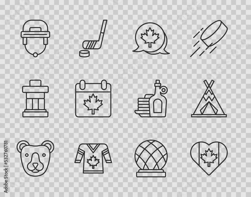 Set line Bear head, Heart shaped Canada flag, Canadian maple leaf, Hockey jersey, helmet, day with, Montreal Biosphere and Indian teepee or wigwam icon. Vector