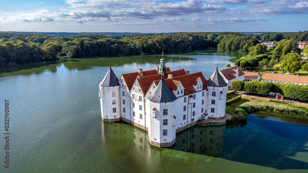 Gluecksburg Castle on the Flensburg Fjord from the air Gluecksburg Castle on the Flensburg Fjord from the air
