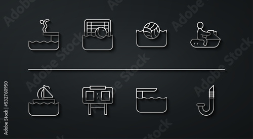 Set line Swimmer diving into pool, Yacht sailboat, Jet ski, Diving board or springboard, Sport mechanical scoreboard, Water polo, Snorkel and icon. Vector