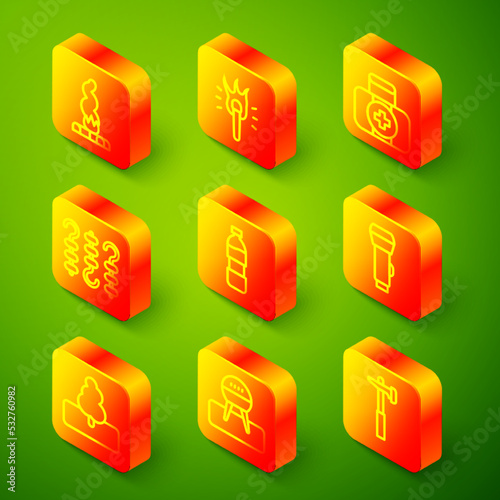 Set line Campfire, Torch flame, First aid kit, Grilled shish kebab on skewer, Bottle of water, Flashlight, Tree and Barbecue grill icon. Vector