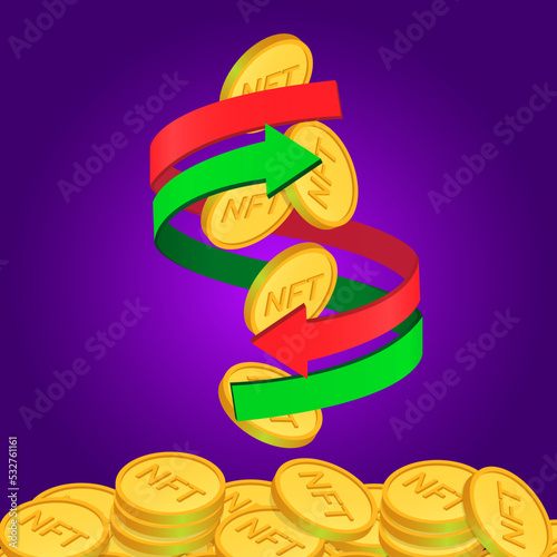 Non-fungible NFT token. The concept of investing in NFT. Buying and selling NFTs. Golden NFT coins vector illustration. photo