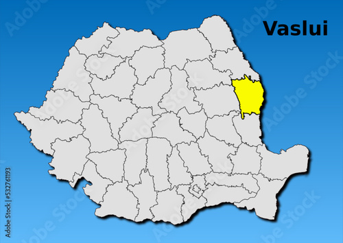 Map of Romania with map of Vaslui  county highlighted in yellow vector photo