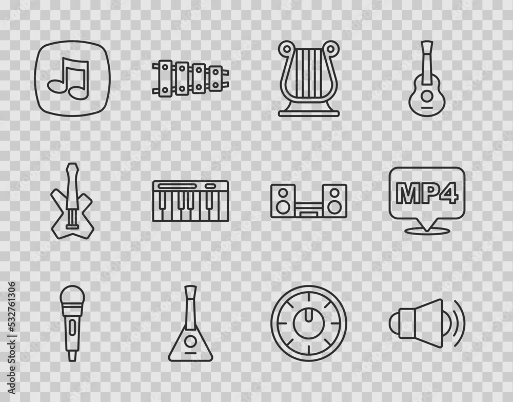 Set line Microphone, Megaphone, Ancient Greek lyre, Balalaika, Music note, tone, synthesizer, Sound mixer controller and MP4 file document icon. Vector Set line Microphone, Megaphone, Ancient Greek lyre, Balalaika, Music note, tone, synthesizer, Sound mixer controller and MP4 file document icon. Vector