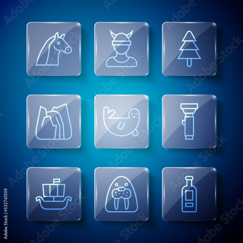 Set line Viking ship Drakkar, Walrus animal, Bottle of vodka, Tree, Fur seal, Waterfall, Horse and Flashlight icon. Vector