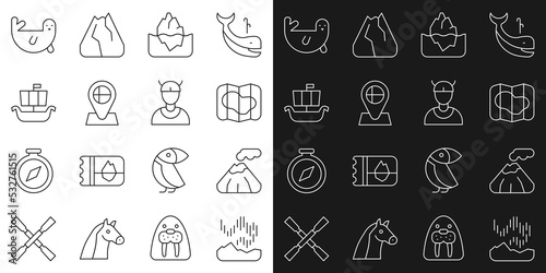 Set line Northern lights, Volcano, Map of Iceland, Iceberg, Location flag, Viking ship Drakkar, Fur seal animal and head icon. Vector