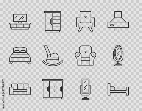 Set line Sofa, Bed, Armchair, Wardrobe, TV table stand, Rocking, Big full length mirror and Mirror icon. Vector