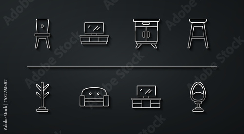 Set line Chair, Coat stand, TV table, Armchair, and Furniture nightstand icon. Vector