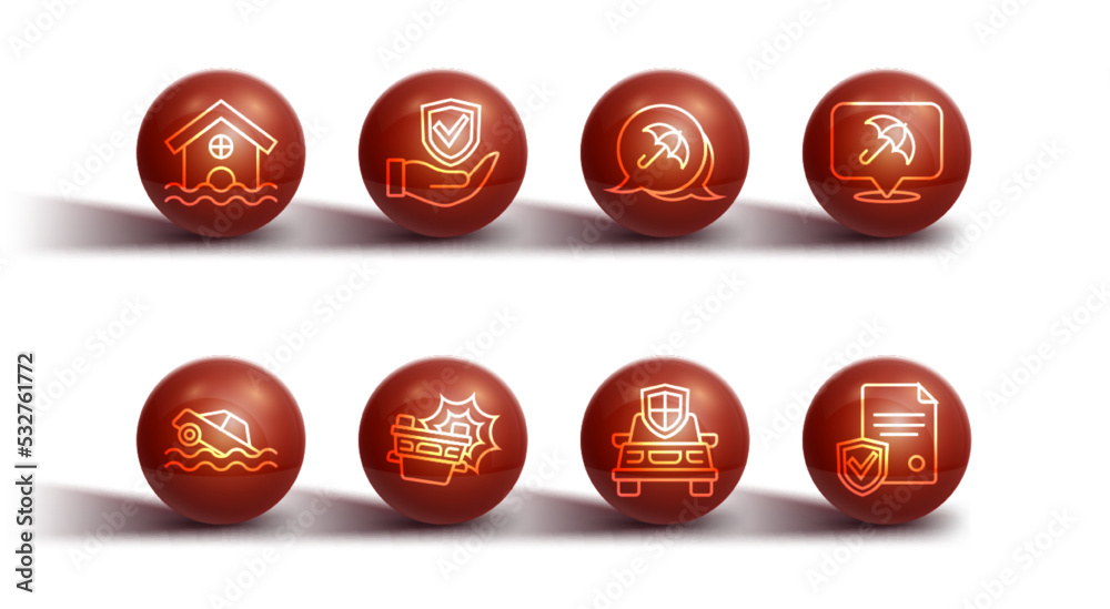 Set line House flood, Flood car, Umbrella, Car insurance, accident, Shield hand, Contract with shield and icon. Vector Set line House flood, Flood car, Umbrella, Car insurance, accident, Shield hand, Contract with shield and icon. Vector