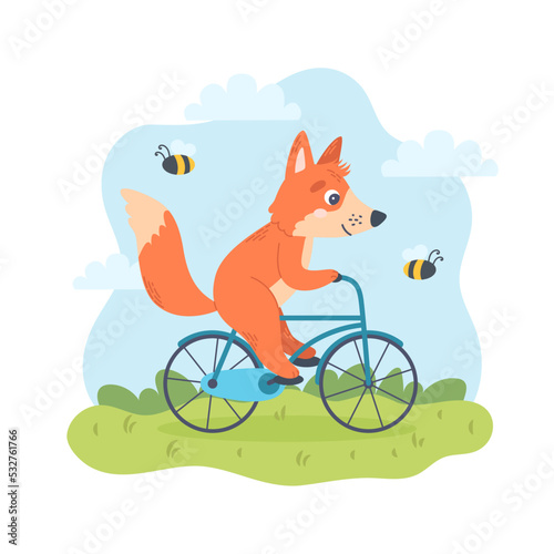 Fox biking in nature. Summer character, outdoors activity. Cute seasonal vector illustration in flat cartoon style