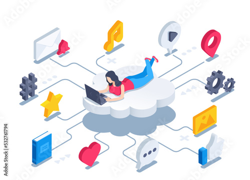 isometric vector illustration on a white background, a woman lies on a cloud with a laptop, personal cloud or data storage, icon set
