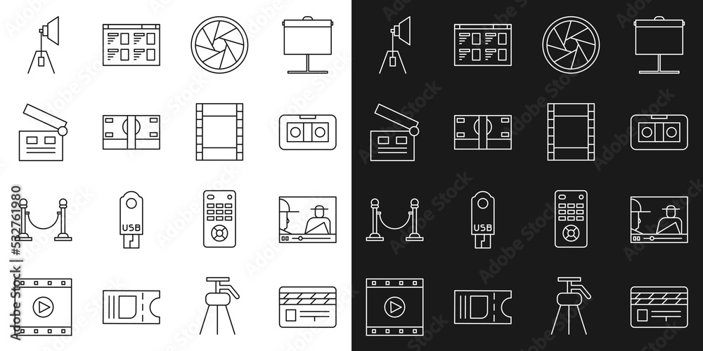 Set line Movie clapper, Online play video, VHS cassette tape, Camera shutter, Stacks paper money cash, spotlight and Play Video icon. Vector Set line Movie clapper, Online play video, VHS cassette tape, Camera shutter, Stacks paper money cash, spotlight and Play Video icon. Vector