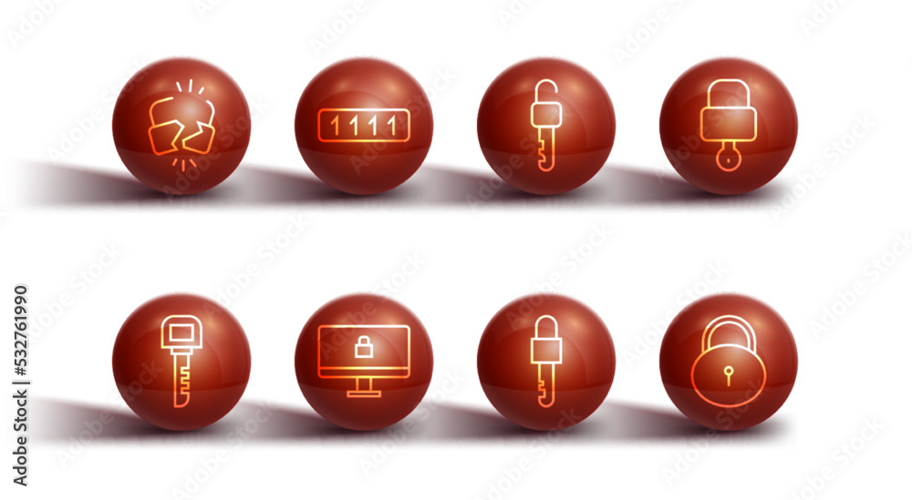 Set line Broken or cracked lock, Key, Lock and key, Locked, on computer monitor, Password protection, and Unlocked icon. Vector Set line Broken or cracked lock, Key, Lock and key, Locked, on computer monitor, Password protection, and Unlocked icon. Vector