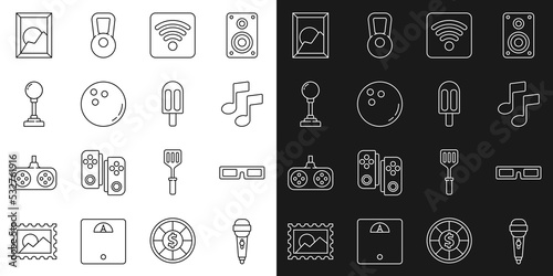 Set line Microphone, Cinema glasses, Music note, tone, Wi-Fi wireless internet network, Bowling ball, Joystick for arcade machine, Picture landscape and Ice cream icon. Vector