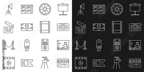 Set line Movie clapper, Online play video, VHS cassette tape, Camera shutter, Stacks paper money cash, spotlight and Play Video icon. Vector
