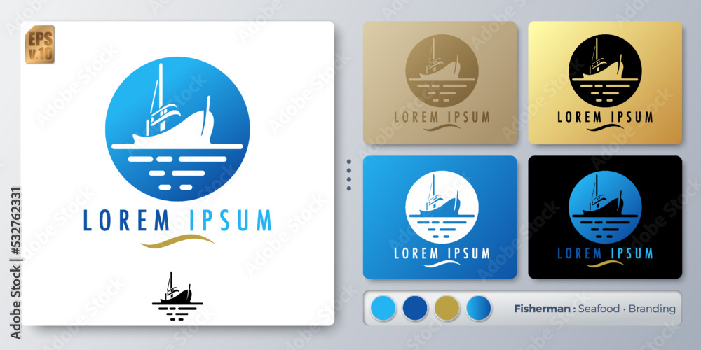 fishery boat vector illustration Logo minimal design. Blank name for insert your Branding. Designed with examples for all kinds of applications. You can used for company, indentity, travel, transport