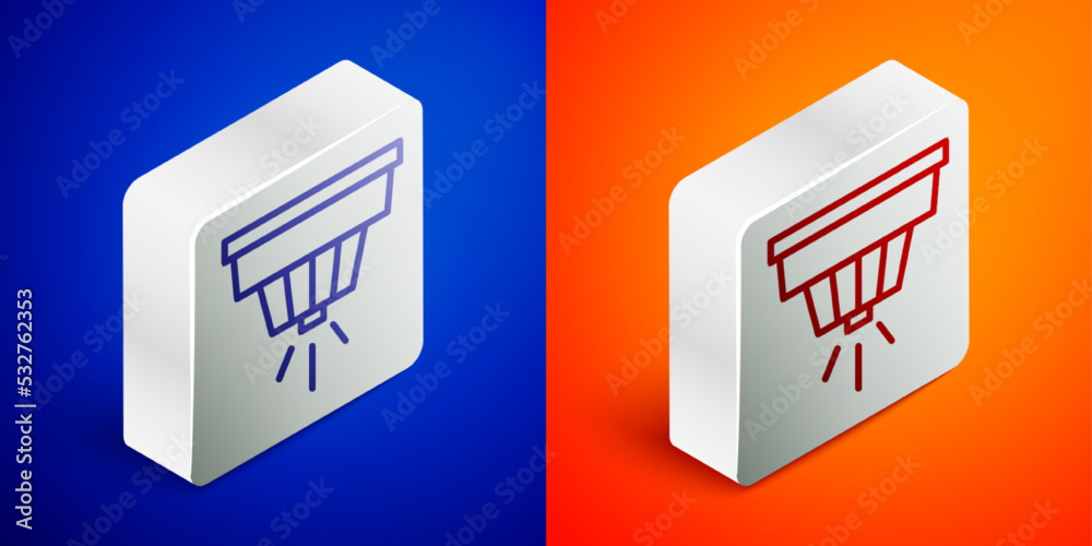 Isometric line Smoke alarm system icon isolated on blue and orange background. Smoke detector. Silver square button. Vector Isometric line Smoke alarm system icon isolated on blue and orange background. Smoke detector. Silver square button. Vector