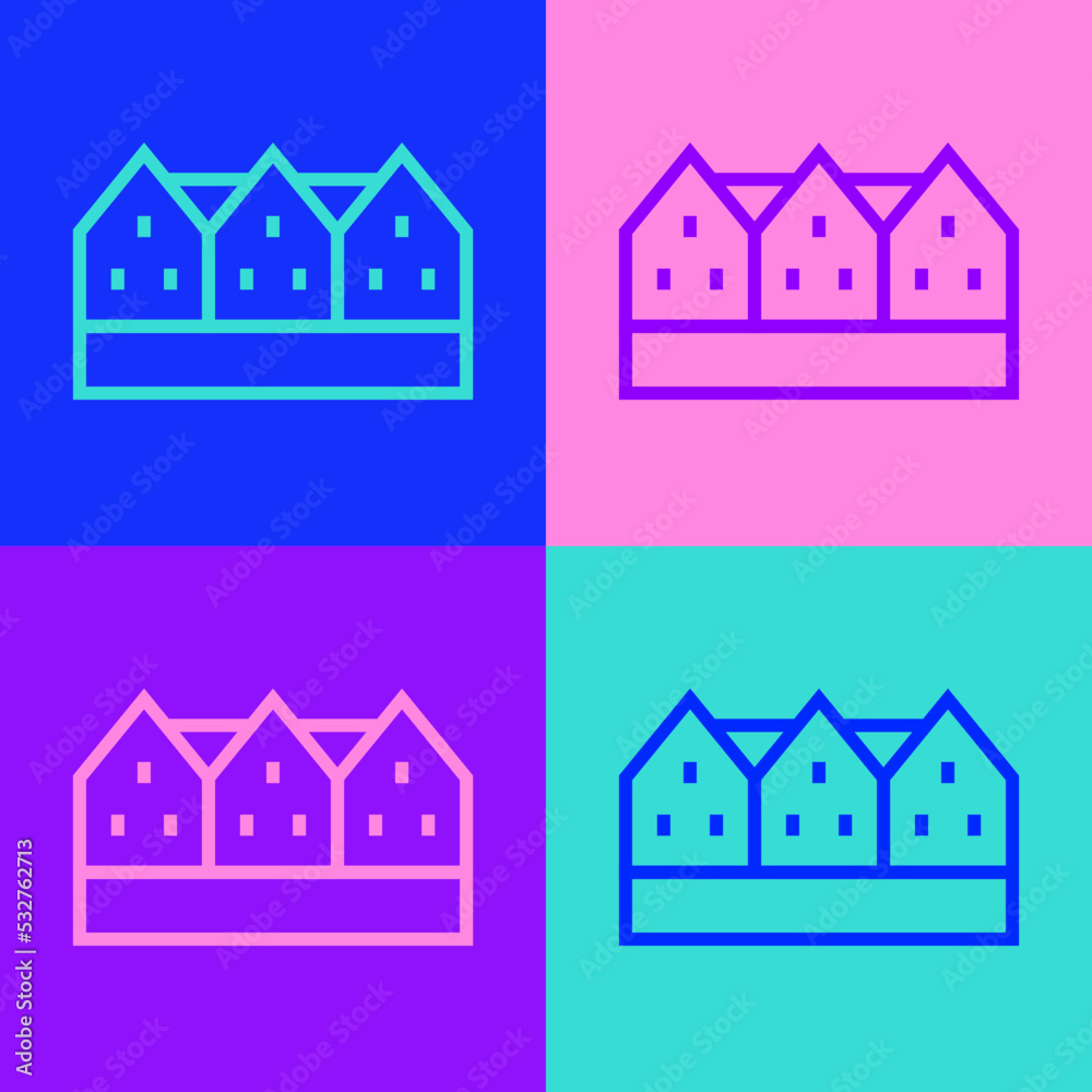 Pop art line Icelandic wooden house icon isolated on color background. Architecture element of Iceland. Vector
