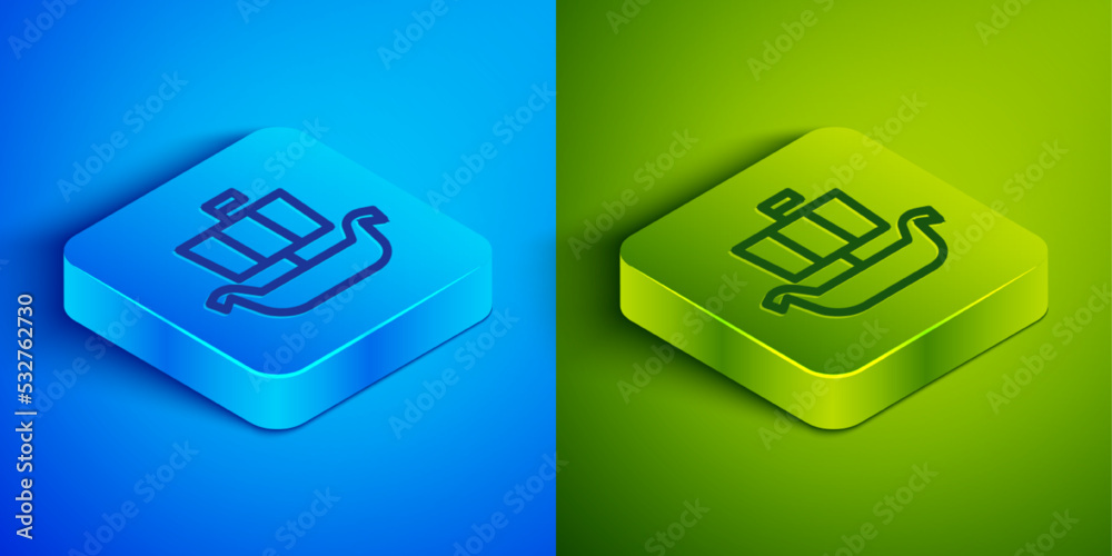 Isometric line Ancient viking scandinavian drakkar icon isolated on blue and green background. Viking transport ship. Square button. Vector Isometric line Ancient viking scandinavian drakkar icon isolated on blue and green background. Viking transport ship. Square button. Vector