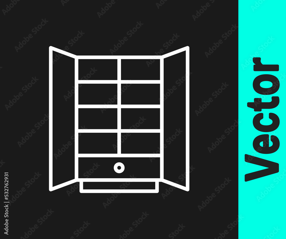 White line Wardrobe icon isolated on black background. Cupboard sign. Vector White line Wardrobe icon isolated on black background. Cupboard sign. Vector