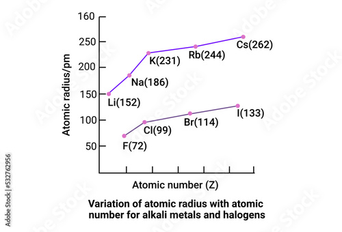 Variation of atomic radius with atomic number for alkali metals and halogens photo