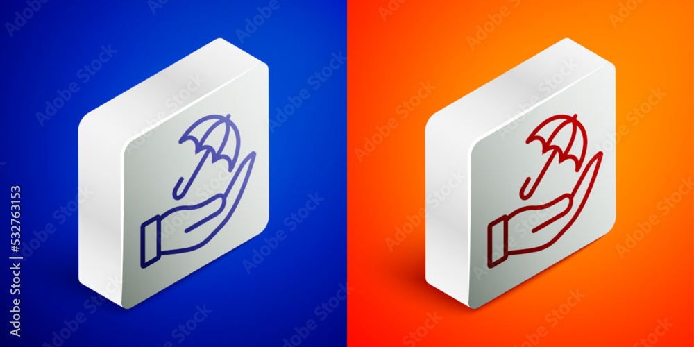 Isometric line Umbrella in hand icon isolated on blue and orange background. Insurance concept. Waterproof icon. Protection, safety, security concept. Silver square button. Vector Isometric line Umbrella in hand icon isolated on blue and orange background. Insurance concept. Waterproof icon. Protection, safety, security concept. Silver square button. Vector