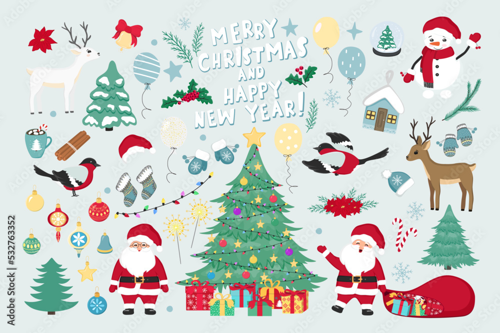 Winter collection of Santa Claus, Christmas tree, bird, deer, snowman, glass snow ball, berry, bag, gift, balls, hat, mittens, garlands, sparklers. Lettering Merry Christmas and Happy New Year Winter collection of Santa Claus, Christmas tree, bird, deer, snowman, glass snow ball, berry, bag, gift, balls, hat, mittens, garlands, sparklers. Lettering Merry Christmas and Happy New Year