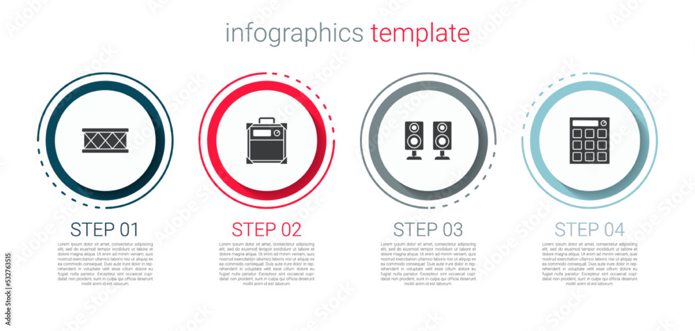 Set Drum, Guitar amplifier, Stereo speaker and machine. Business infographic template. Vector