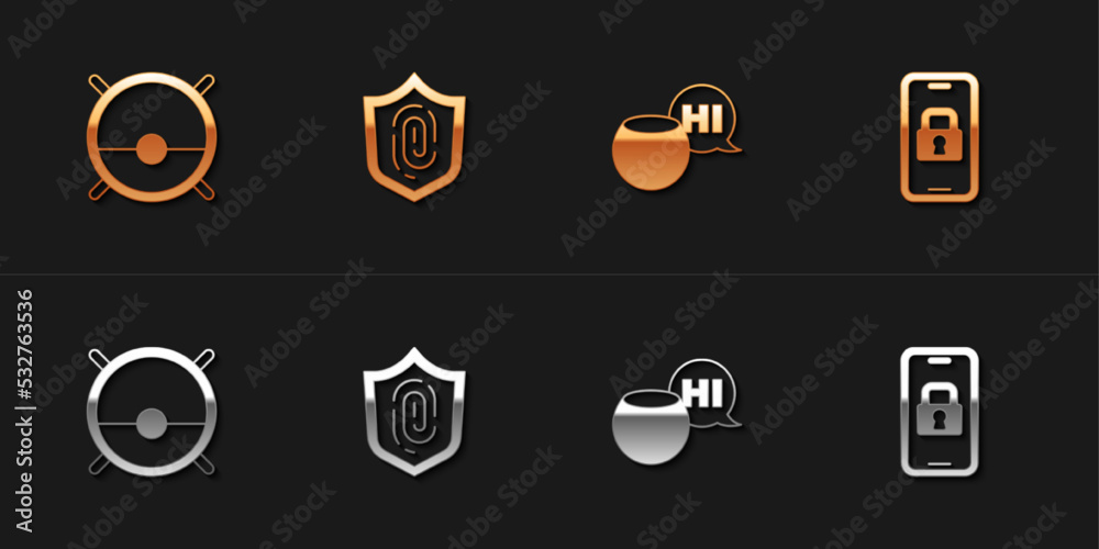 Set Robot vacuum cleaner, Fingerprint, Voice assistant and Digital door lock icon. Vector Set Robot vacuum cleaner, Fingerprint, Voice assistant and Digital door lock icon. Vector