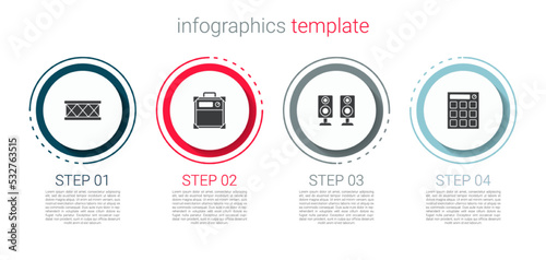 Set Drum, Guitar amplifier, Stereo speaker and machine. Business infographic template. Vector