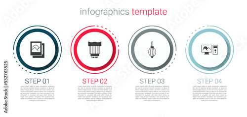 Set Photo frame, Camera photo lens, Dust blower and retouching. Business infographic template. Vector