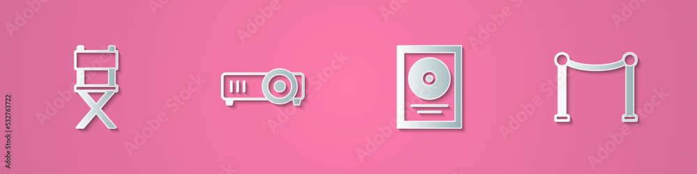 Set paper cut Director movie chair, Movie, film, media projector, CD disk award in frame and Rope barrier icon. Paper art style. Vector Set paper cut Director movie chair, Movie, film, media projector, CD disk award in frame and Rope barrier icon. Paper art style. Vector