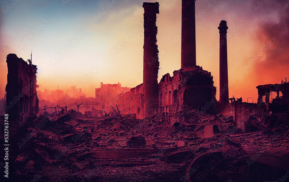 Destroyed cities after bombing raid, ruins, destroyed building, dust