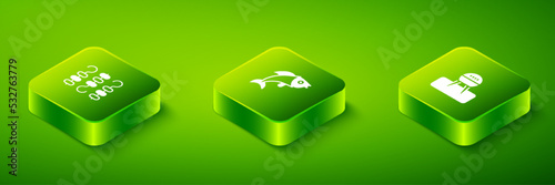 Set Isometric Fish, Barbecue grill and Grilled shish kebab on skewer icon. Vector