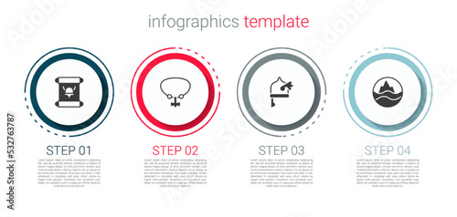 Set Decree, parchment, scroll, Necklace with gem, Viking in horned helmet and Sea and waves. Business infographic template. Vector